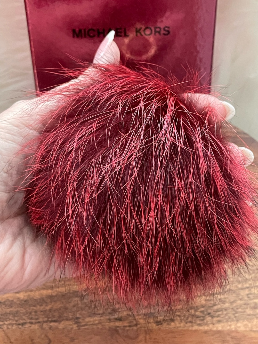 MICHAEL M KORS Large Cherry Color Fox Fur Pom Pom Bag Charm Gift Boxed - Picture 4 of 6